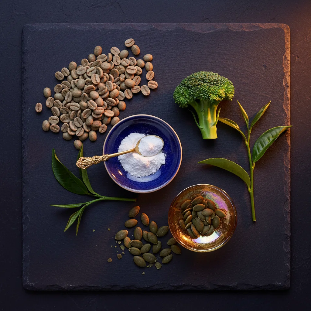 Natural botanical ingredients - green coffee beans, L-carnitine, chromium-rich broccoli, pumpkin seeds, herbs on dark slate